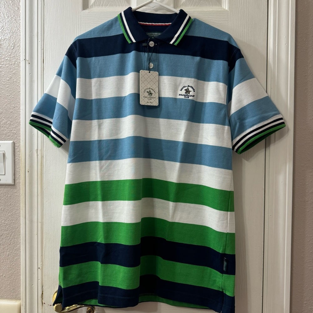 SANTA BARBARA POLO & RACQUET CLUB Shirt Sleeves, Stripes, XL, Blue/Green/White